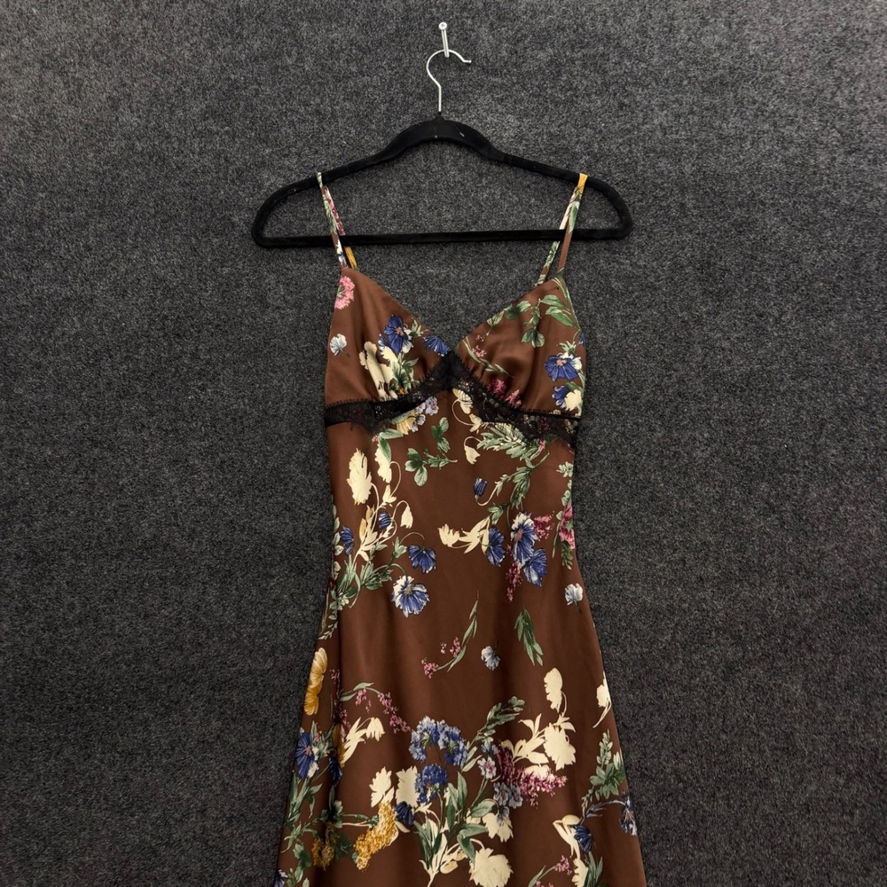 Good Luck Gem Brown Floral Satin Lace Trim Maxi Dress Vintage Style Small